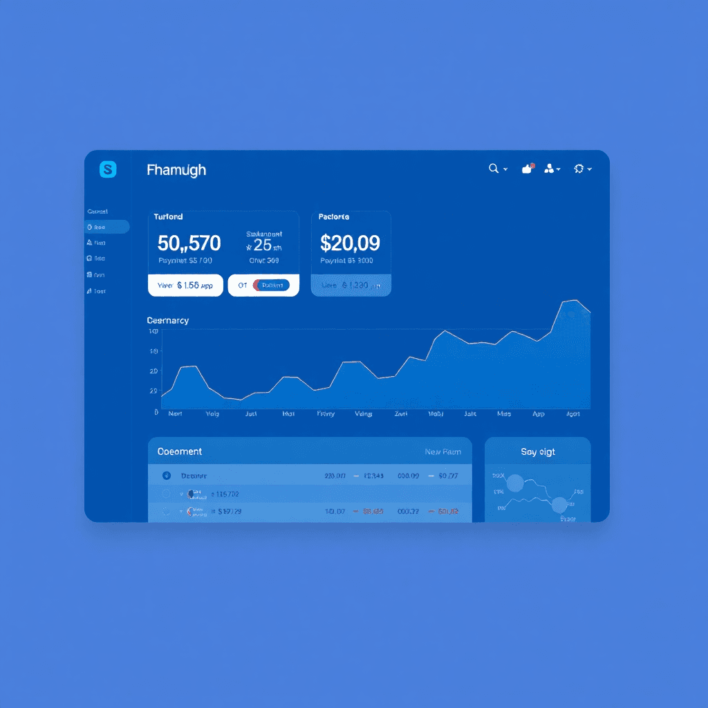 financial dashboard with multiple currency visualization, fiat payment gateway interface, modern UI design, blue and indigo color scheme, professional financial app