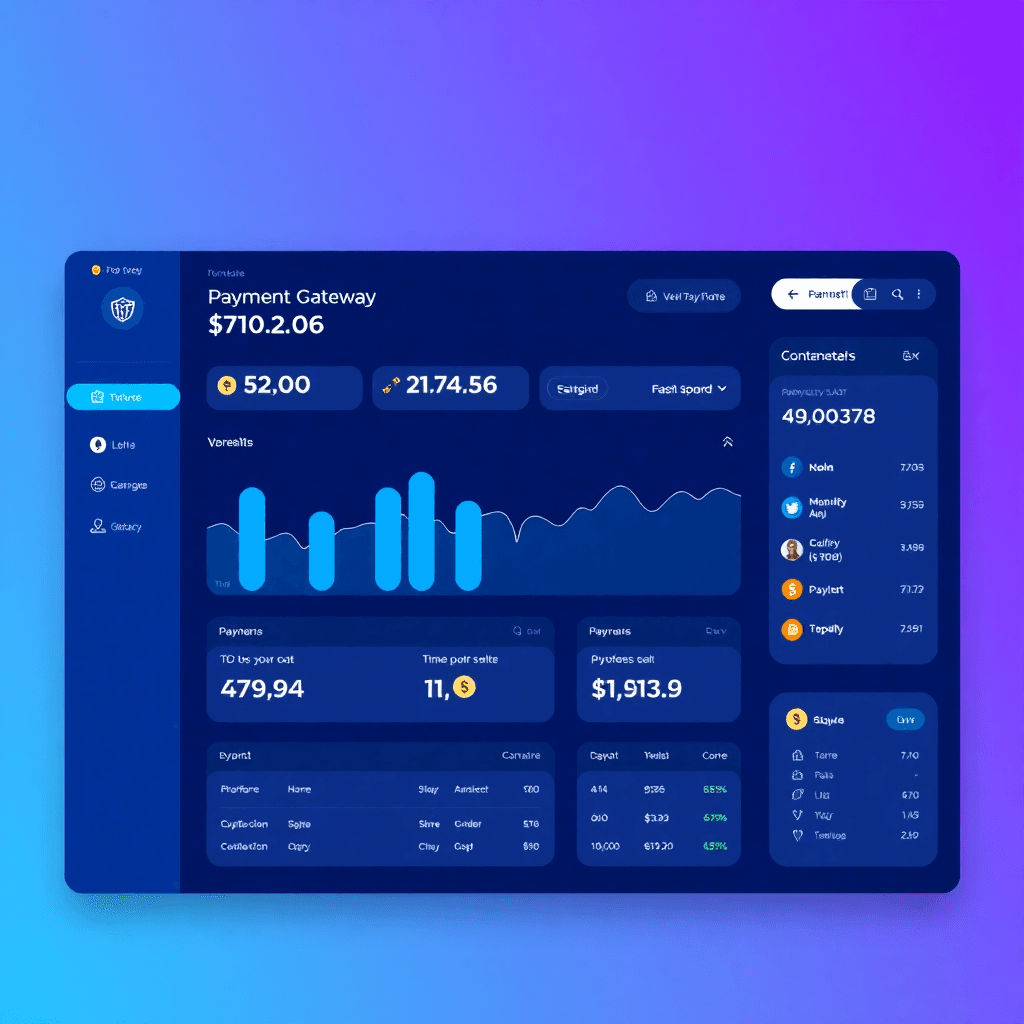 financial dashboard with multiple currency visualization, fiat payment gateway interface, modern UI design, blue and indigo color scheme, professional financial app