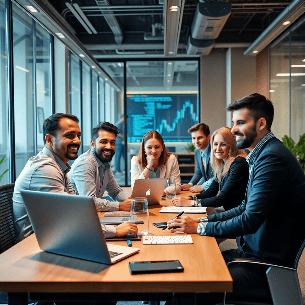 vielfältiges Team von Fintech-Fachleuten, die in einer modernen Büroumgebung arbeiten und an Krypto-Zahlungslösungen zusammenarbeiten
