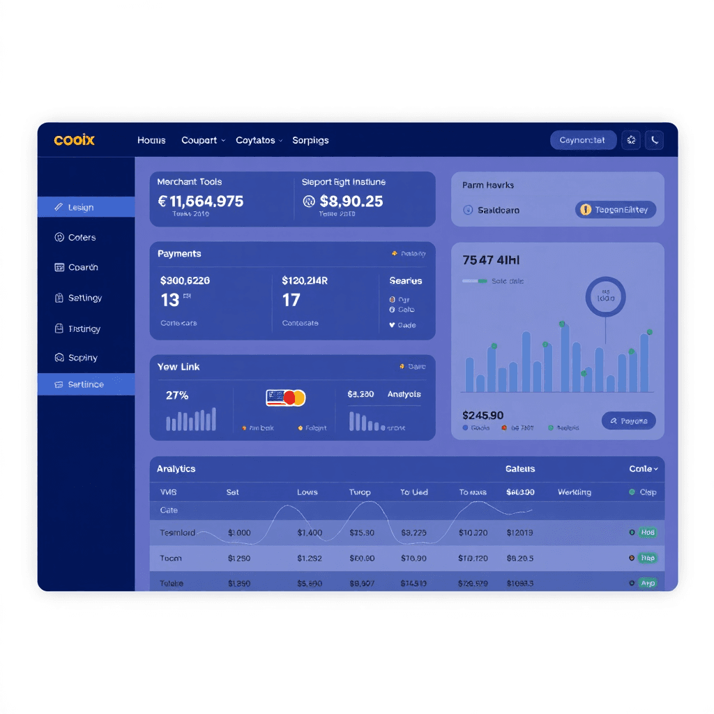 business fiat and crypto payment dashboard with merchant tools, payment links, and business analytics, professional UI design