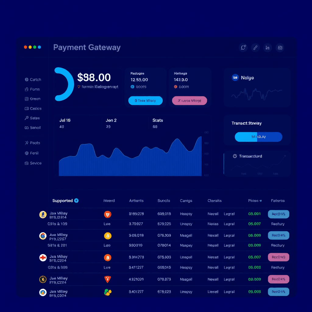 fiat and crypto payment gateway dashboard with statistics, transaction history, and supported cryptocurrencies, modern UI design, blue theme