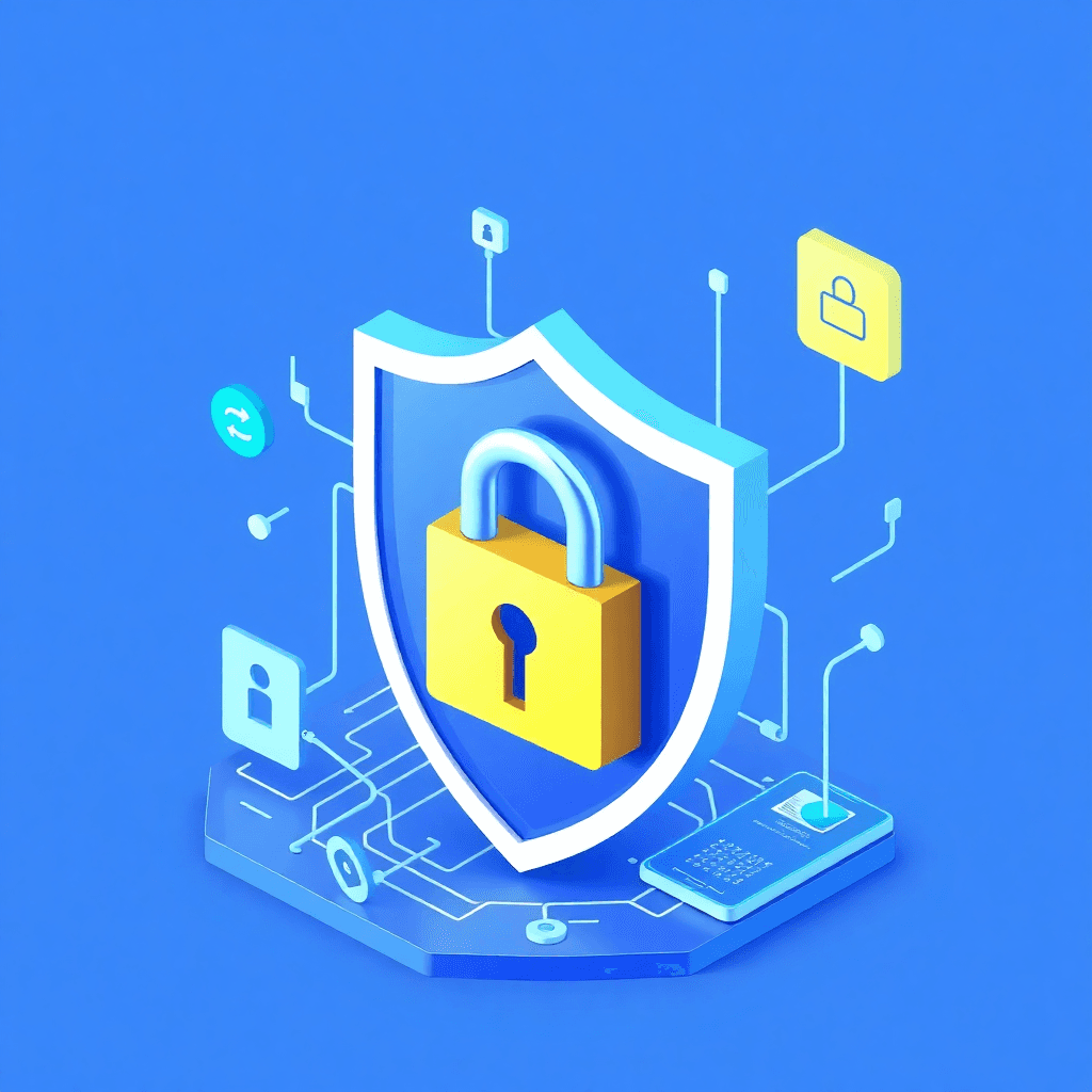 3D illustration of digital security concept with shield, lock, and digital data protection elements, blue color scheme, professional and clean