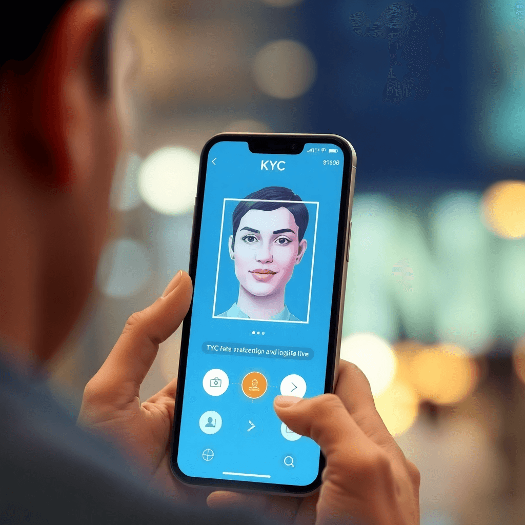 Digital identity verification concept with person holding smartphone for facial recognition and KYC process, professional financial tech illustration