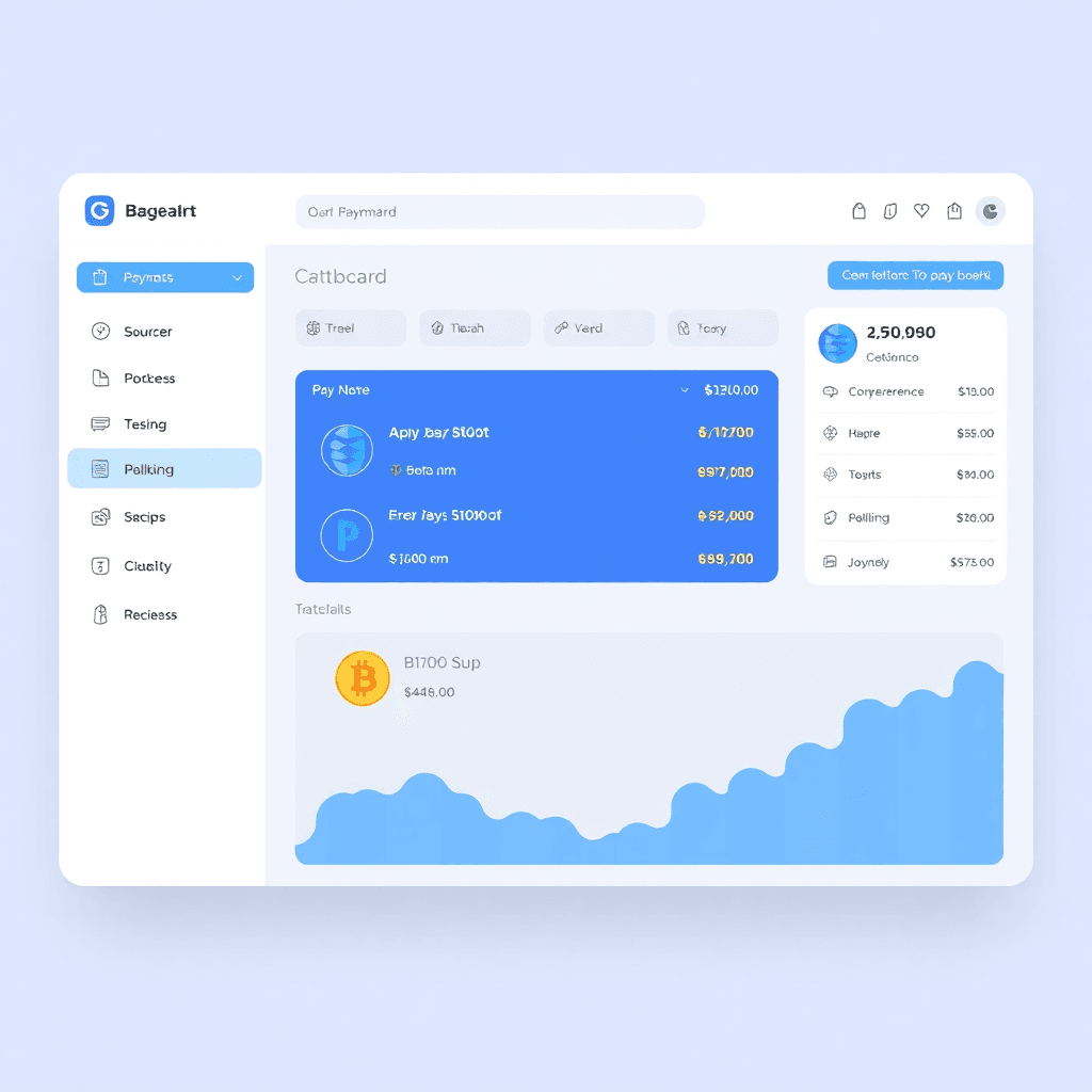 fiat and crypto payment dashboard with multiple cryptocurrencies displayed, clean modern UI with blue accent colors