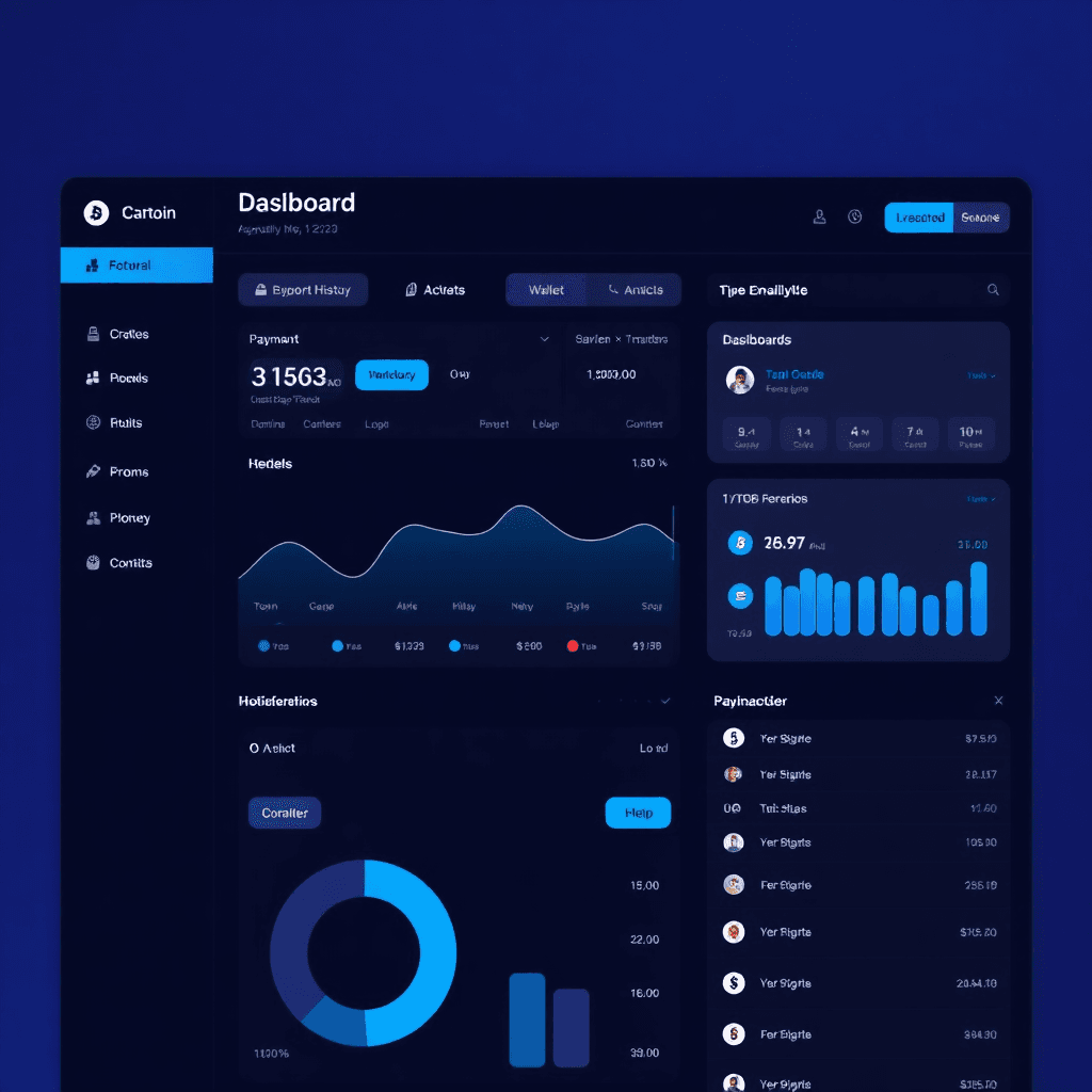 detailed cryptocurrency dashboard interface with transaction history, wallet balances, and payment analytics in a clean modern UI with blue accent colors