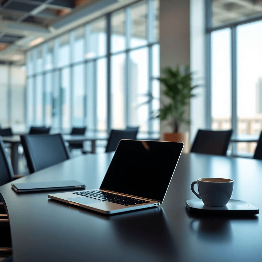 modern office workspace with laptop and coffee, professional business setting, soft lighting